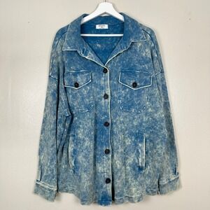Zenana Women's 1X Shacket Blue Acid Wash Cotton Button Down CJW-3216X